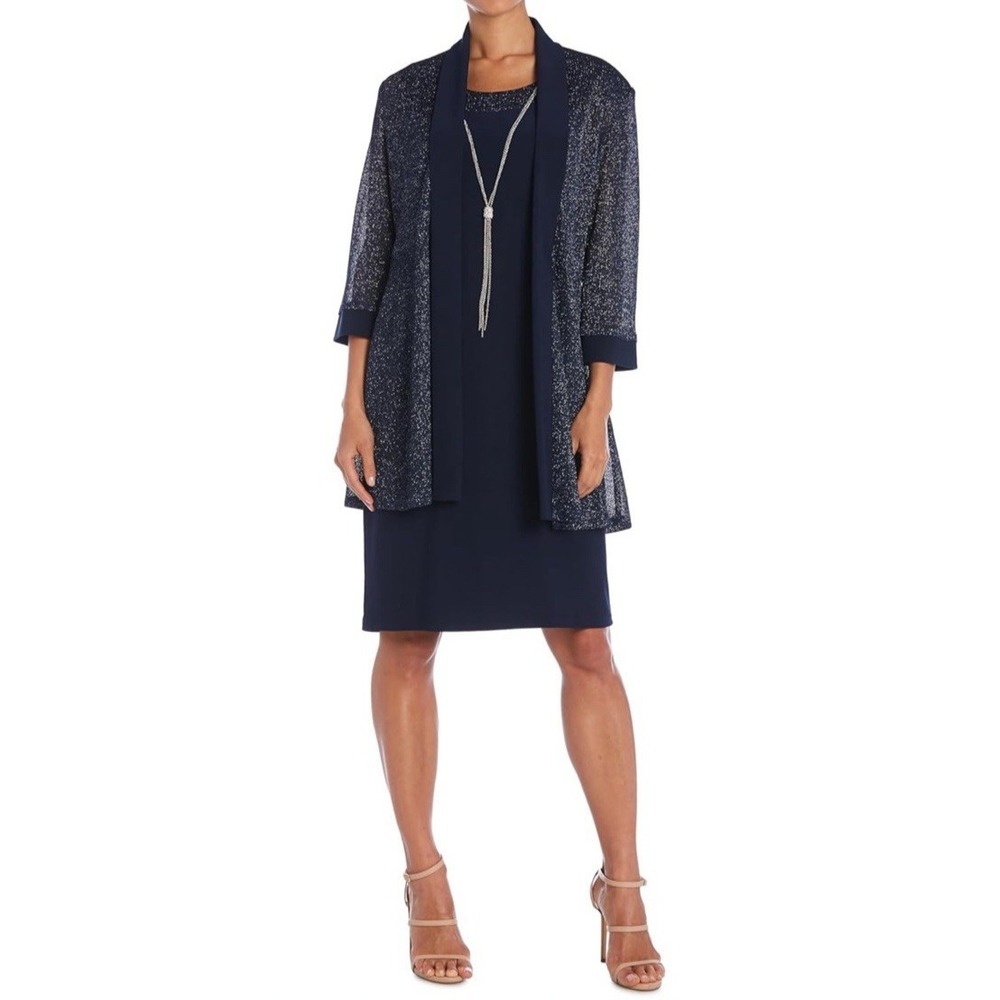 NWT R&M Richards Wmns Metallic Knit Jacket & Shift Tank Dress W/Necklace Sz 6